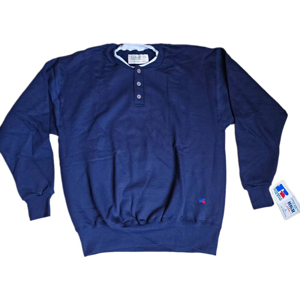 90's Russell L.L Bean Navy Blue Henley Pullover Sweatshirt Mens Size Large VTG